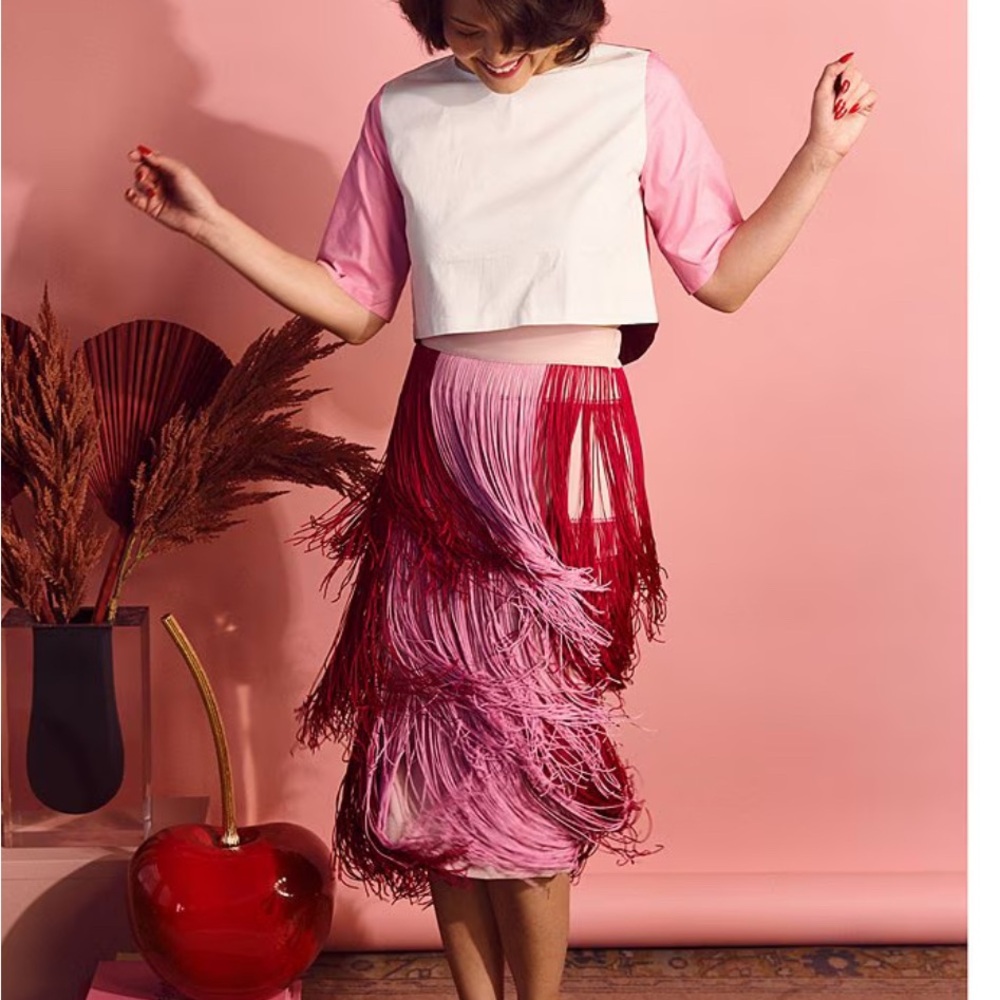 NWT Buru Color Block Elastic-Back Waist Fringe Midi A-Line Skirt Size M - Picture 3 of 6